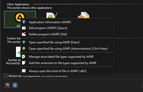 UFM App Manager - Application context menu